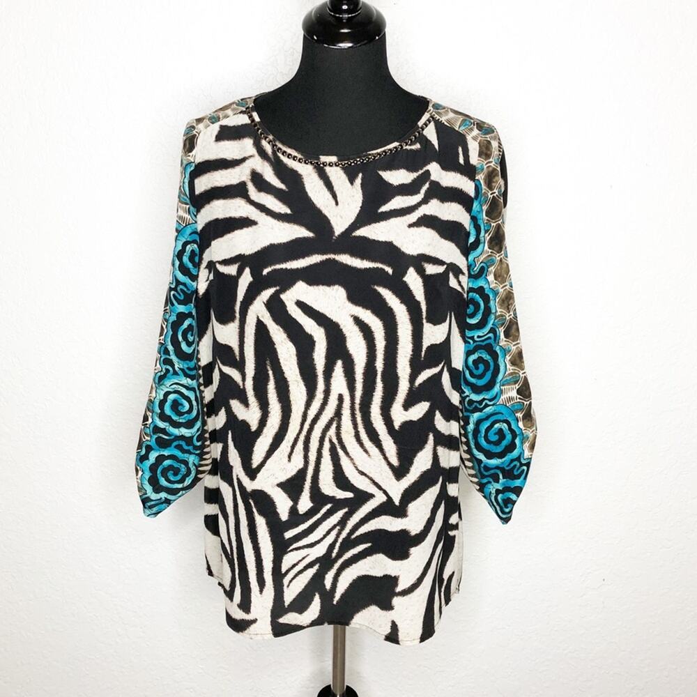 Alberto Makali cream black blue beaded trim animal print‎ silk top size Medium